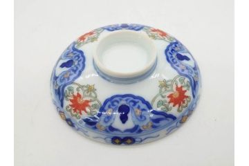 戦前　オールド香蘭社　有田焼　染付　色絵　約11cm　3.4寸　食卓を華やかに彩る蓋付き茶碗4客セット(瓢箪、ひょうたん、唐草、花、蓋茶碗、器、どんぶり、和食器、裏印、三寸四分)(R-080073)