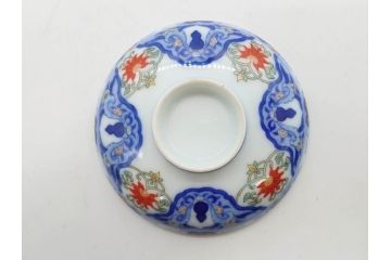 戦前　オールド香蘭社　有田焼　染付　色絵　約11cm　3.4寸　食卓を華やかに彩る蓋付き茶碗4客セット(瓢箪、ひょうたん、唐草、花、蓋茶碗、器、どんぶり、和食器、裏印、三寸四分)(R-080073)