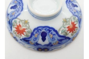 戦前　オールド香蘭社　有田焼　染付　色絵　約11cm　3.4寸　食卓を華やかに彩る蓋付き茶碗4客セット(瓢箪、ひょうたん、唐草、花、蓋茶碗、器、どんぶり、和食器、裏印、三寸四分)(R-080073)