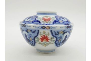 戦前　オールド香蘭社　有田焼　染付　色絵　約11cm　3.4寸　食卓を華やかに彩る蓋付き茶碗4客セット(瓢箪、ひょうたん、唐草、花、蓋茶碗、器、どんぶり、和食器、裏印、三寸四分)(R-080073)