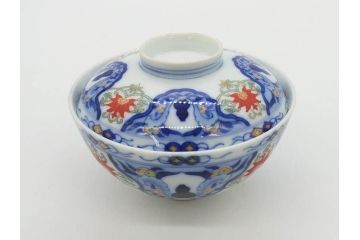 戦前　オールド香蘭社　有田焼　染付　色絵　約11cm　3.4寸　食卓を華やかに彩る蓋付き茶碗4客セット(瓢箪、ひょうたん、唐草、花、蓋茶碗、器、どんぶり、和食器、裏印、三寸四分)(R-080073)