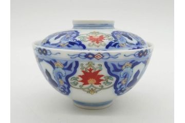 戦前　オールド香蘭社　有田焼　染付　色絵　約11cm　3.4寸　食卓を華やかに彩る蓋付き茶碗4客セット(瓢箪、ひょうたん、唐草、花、蓋茶碗、器、どんぶり、和食器、裏印、三寸四分)(R-080073)