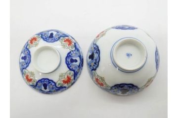 戦前　オールド香蘭社　有田焼　染付　色絵　約11cm　3.4寸　食卓を華やかに彩る蓋付き茶碗4客セット(瓢箪、ひょうたん、唐草、花、蓋茶碗、器、どんぶり、和食器、裏印、三寸四分)(R-080073)
