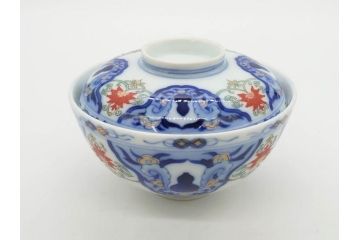 戦前　オールド香蘭社　有田焼　染付　色絵　約11cm　3.4寸　食卓を華やかに彩る蓋付き茶碗4客セット(瓢箪、ひょうたん、唐草、花、蓋茶碗、器、どんぶり、和食器、裏印、三寸四分)(R-080073)