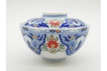 戦前　オールド香蘭社　有田焼　染付　色絵　約11cm　3.4寸　食卓を華やかに彩る蓋付き茶碗4客セット(瓢箪、ひょうたん、唐草、花、蓋茶碗、器、どんぶり、和食器、裏印、三寸四分)(R-080073)