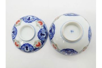 戦前　オールド香蘭社　有田焼　染付　色絵　約11cm　3.4寸　食卓を華やかに彩る蓋付き茶碗4客セット(瓢箪、ひょうたん、唐草、花、蓋茶碗、器、どんぶり、和食器、裏印、三寸四分)(R-080073)