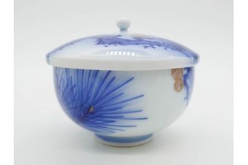 戦前　オールド香蘭社　有田焼　染付　色絵　金彩　松　花　上品な雰囲気の蓋付き湯呑み7客セット(菊、松葉、松の実、湯のみ、煎茶、和食器、裏印)(R-080074)