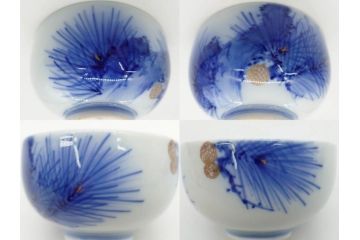 戦前　オールド香蘭社　有田焼　染付　色絵　金彩　松　花　上品な雰囲気の蓋付き湯呑み7客セット(菊、松葉、松の実、湯のみ、煎茶、和食器、裏印)(R-080074)