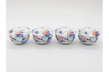 戦前　オールド香蘭社　有田焼　染付　色絵　金彩　松　花　上品な雰囲気の蓋付き湯呑み7客セット(菊、松葉、松の実、湯のみ、煎茶、和食器、裏印)(R-080074)