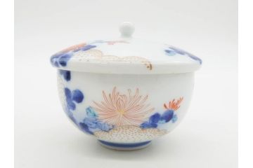 戦前　オールド香蘭社　有田焼　染付　色絵　金彩　松　花　上品な雰囲気の蓋付き湯呑み7客セット(菊、松葉、松の実、湯のみ、煎茶、和食器、裏印)(R-080074)