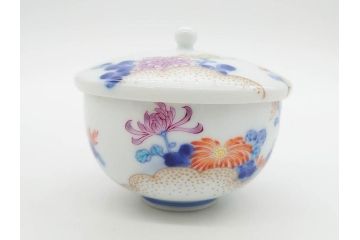 戦前　オールド香蘭社　有田焼　染付　色絵　金彩　松　花　上品な雰囲気の蓋付き湯呑み7客セット(菊、松葉、松の実、湯のみ、煎茶、和食器、裏印)(R-080074)