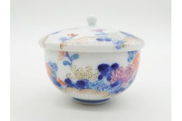 戦前　オールド香蘭社　有田焼　染付　色絵　金彩　松　花　上品な雰囲気の蓋付き湯呑み7客セット(菊、松葉、松の実、湯のみ、煎茶、和食器、裏印)(R-080074)
