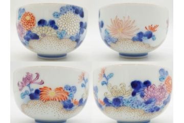 戦前　オールド香蘭社　有田焼　染付　色絵　金彩　松　花　上品な雰囲気の蓋付き湯呑み7客セット(菊、松葉、松の実、湯のみ、煎茶、和食器、裏印)(R-080074)