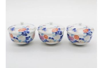 戦前　オールド香蘭社　有田焼　染付　色絵　金彩　松　花　上品な雰囲気の蓋付き湯呑み7客セット(菊、松葉、松の実、湯のみ、煎茶、和食器、裏印)(R-080074)