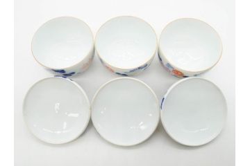 戦前　オールド香蘭社　有田焼　染付　色絵　金彩　松　花　上品な雰囲気の蓋付き湯呑み7客セット(菊、松葉、松の実、湯のみ、煎茶、和食器、裏印)(R-080074)