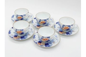 戦前　オールド香蘭社　有田焼　染付　色絵　金彩　花　優雅な一時を楽しめるカップ&ソーサー5客セット(フラワー、植物、C&S、碗皿、洋食器、裏印)(R-080075)
