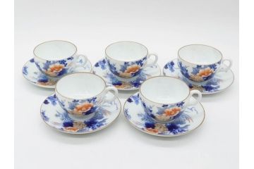 戦前　オールド香蘭社　有田焼　染付　色絵　金彩　花　優雅な一時を楽しめるカップ&ソーサー5客セット(フラワー、植物、C&S、碗皿、洋食器、裏印)(R-080075)