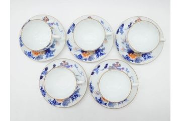 戦前　オールド香蘭社　有田焼　染付　色絵　金彩　花　優雅な一時を楽しめるカップ&ソーサー5客セット(フラワー、植物、C&S、碗皿、洋食器、裏印)(R-080075)