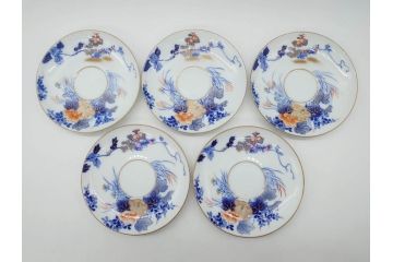 戦前　オールド香蘭社　有田焼　染付　色絵　金彩　花　優雅な一時を楽しめるカップ&ソーサー5客セット(フラワー、植物、C&S、碗皿、洋食器、裏印)(R-080075)