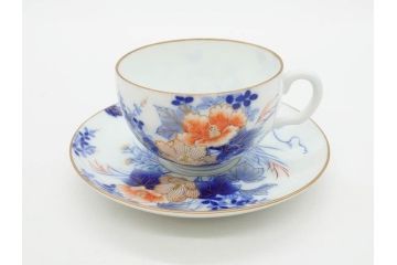 戦前　オールド香蘭社　有田焼　染付　色絵　金彩　花　優雅な一時を楽しめるカップ&ソーサー5客セット(フラワー、植物、C&S、碗皿、洋食器、裏印)(R-080075)