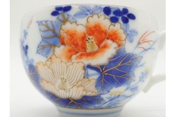 戦前　オールド香蘭社　有田焼　染付　色絵　金彩　花　優雅な一時を楽しめるカップ&ソーサー5客セット(フラワー、植物、C&S、碗皿、洋食器、裏印)(R-080075)