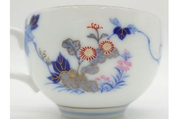 戦前　オールド香蘭社　有田焼　染付　色絵　金彩　花　優雅な一時を楽しめるカップ&ソーサー5客セット(フラワー、植物、C&S、碗皿、洋食器、裏印)(R-080075)