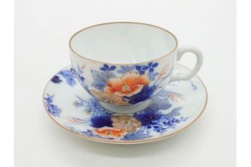 戦前　オールド香蘭社　有田焼　染付　色絵　金彩　花　優雅な一時を楽しめるカップ&ソーサー5客セット(フラワー、植物、C&S、碗皿、洋食器、裏印)(R-080075)
