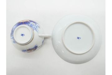 戦前　オールド香蘭社　有田焼　染付　色絵　金彩　花　優雅な一時を楽しめるカップ&ソーサー5客セット(フラワー、植物、C&S、碗皿、洋食器、裏印)(R-080075)