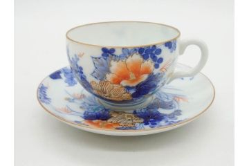 戦前　オールド香蘭社　有田焼　染付　色絵　金彩　花　優雅な一時を楽しめるカップ&ソーサー5客セット(フラワー、植物、C&S、碗皿、洋食器、裏印)(R-080075)