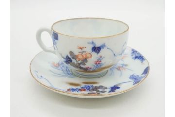 戦前　オールド香蘭社　有田焼　染付　色絵　金彩　花　優雅な一時を楽しめるカップ&ソーサー5客セット(フラワー、植物、C&S、碗皿、洋食器、裏印)(R-080075)
