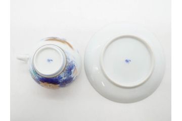 戦前　オールド香蘭社　有田焼　染付　色絵　金彩　花　優雅な一時を楽しめるカップ&ソーサー5客セット(フラワー、植物、C&S、碗皿、洋食器、裏印)(R-080075)
