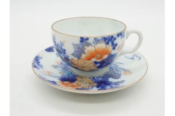 戦前　オールド香蘭社　有田焼　染付　色絵　金彩　花　優雅な一時を楽しめるカップ&ソーサー5客セット(フラワー、植物、C&S、碗皿、洋食器、裏印)(R-080075)