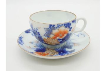 戦前　オールド香蘭社　有田焼　染付　色絵　金彩　花　優雅な一時を楽しめるカップ&ソーサー5客セット(フラワー、植物、C&S、碗皿、洋食器、裏印)(R-080075)