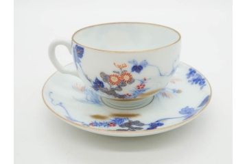 戦前　オールド香蘭社　有田焼　染付　色絵　金彩　花　優雅な一時を楽しめるカップ&ソーサー5客セット(フラワー、植物、C&S、碗皿、洋食器、裏印)(R-080075)