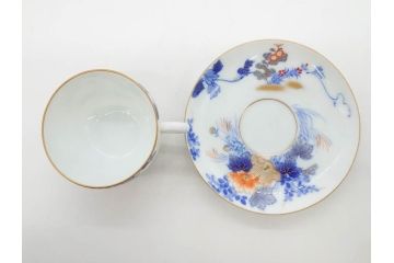 戦前　オールド香蘭社　有田焼　染付　色絵　金彩　花　優雅な一時を楽しめるカップ&ソーサー5客セット(フラワー、植物、C&S、碗皿、洋食器、裏印)(R-080075)