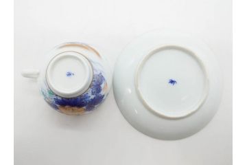 戦前　オールド香蘭社　有田焼　染付　色絵　金彩　花　優雅な一時を楽しめるカップ&ソーサー5客セット(フラワー、植物、C&S、碗皿、洋食器、裏印)(R-080075)