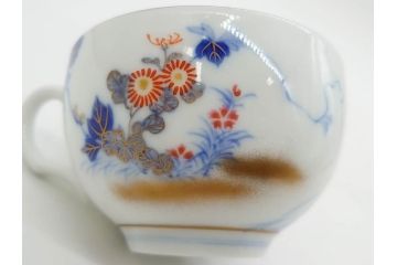 戦前　オールド香蘭社　有田焼　染付　色絵　金彩　花　優雅な一時を楽しめるカップ&ソーサー5客セット(フラワー、植物、C&S、碗皿、洋食器、裏印)(R-080075)