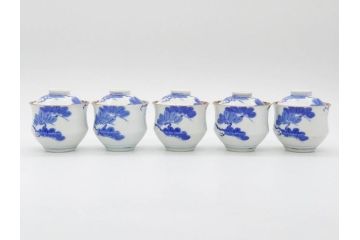 戦前　オールド香蘭社　有田焼　染付　金彩　松　縁周りの繊細な絵付けが目を引く蓋付き碗5客セット(蓋物、湯呑み、湯のみ、煎茶、和食器)(R-080076)