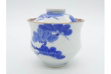 戦前　オールド香蘭社　有田焼　染付　金彩　松　縁周りの繊細な絵付けが目を引く蓋付き碗5客セット(蓋物、湯呑み、湯のみ、煎茶、和食器)(R-080076)