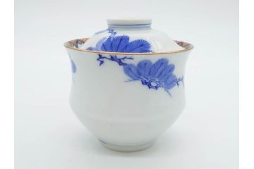 戦前　オールド香蘭社　有田焼　染付　金彩　松　縁周りの繊細な絵付けが目を引く蓋付き碗5客セット(蓋物、湯呑み、湯のみ、煎茶、和食器)(R-080076)