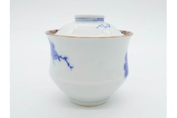 戦前　オールド香蘭社　有田焼　染付　金彩　松　縁周りの繊細な絵付けが目を引く蓋付き碗5客セット(蓋物、湯呑み、湯のみ、煎茶、和食器)(R-080076)