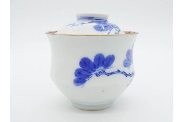 戦前　オールド香蘭社　有田焼　染付　金彩　松　縁周りの繊細な絵付けが目を引く蓋付き碗5客セット(蓋物、湯呑み、湯のみ、煎茶、和食器)(R-080076)