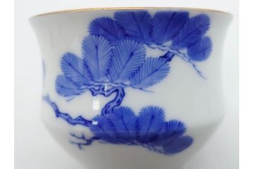 戦前　オールド香蘭社　有田焼　染付　金彩　松　縁周りの繊細な絵付けが目を引く蓋付き碗5客セット(蓋物、湯呑み、湯のみ、煎茶、和食器)(R-080076)