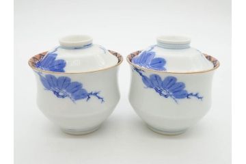 戦前　オールド香蘭社　有田焼　染付　金彩　松　縁周りの繊細な絵付けが目を引く蓋付き碗5客セット(蓋物、湯呑み、湯のみ、煎茶、和食器)(R-080076)