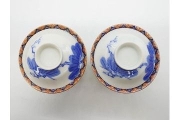 戦前　オールド香蘭社　有田焼　染付　金彩　松　縁周りの繊細な絵付けが目を引く蓋付き碗5客セット(蓋物、湯呑み、湯のみ、煎茶、和食器)(R-080076)