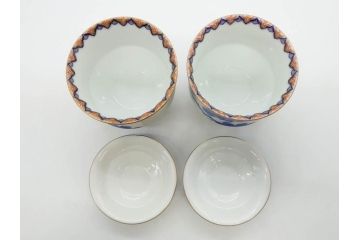 戦前　オールド香蘭社　有田焼　染付　金彩　松　縁周りの繊細な絵付けが目を引く蓋付き碗5客セット(蓋物、湯呑み、湯のみ、煎茶、和食器)(R-080076)