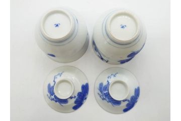 戦前　オールド香蘭社　有田焼　染付　金彩　松　縁周りの繊細な絵付けが目を引く蓋付き碗5客セット(蓋物、湯呑み、湯のみ、煎茶、和食器)(R-080076)