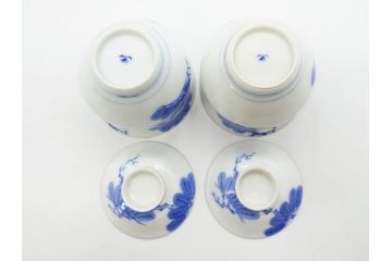 戦前　オールド香蘭社　有田焼　染付　金彩　松　縁周りの繊細な絵付けが目を引く蓋付き碗5客セット(蓋物、湯呑み、湯のみ、煎茶、和食器)(R-080076)