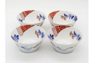 戦前　オールド香蘭社　有田焼　染付　色絵　松竹梅　花　約12cm　3.9寸　料理を引き立ててくれる小鉢4客セット(菊、巻物、深鉢、深皿、和皿、向付、和食器、三寸九分)(R-080077)