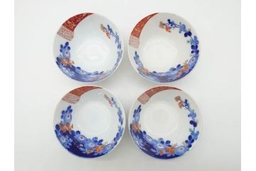 戦前　オールド香蘭社　有田焼　染付　色絵　松竹梅　花　約12cm　3.9寸　料理を引き立ててくれる小鉢4客セット(菊、巻物、深鉢、深皿、和皿、向付、和食器、三寸九分)(R-080077)